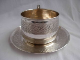 ANTIQUE FRENCH STERLING SILVER CHOCOLAT CUP & SAUCER,  IRIS PATTERN,  ART NOUVEAU 4