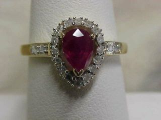 Estate 1.  00ct Natural Pear Shaped Ruby & Diamond Halo Ring 14k Yellow Gold 7.  25