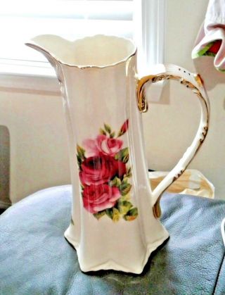 Porcelain Tall Pitcher With Roses Pattern Hand Painted 10k Gold Trim Vintage