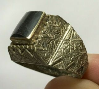 Late Medieval Silvered Ring With Rare Black Stone 8.  0gr 28.  1mm (inner 20.  2mm)