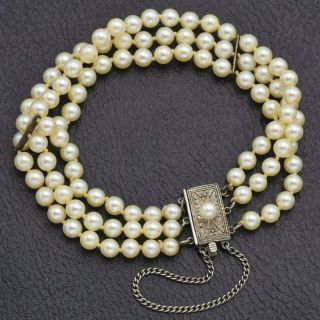 Vintage Mikimoto Sterling Silver Sea Pearl Multi - Strand Bracelet 20.  9 Grams 5 Mm
