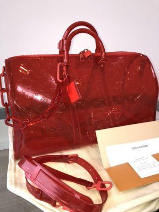 Louis Vuitton Virgil Keepall 50 Bag Hand Shoulder Red Bandouliere Auth Rare