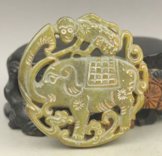 Old Chinese Natural Yellow Jade Hand - Carved Elephant And Monkey Pendant
