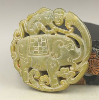 Old Chinese natural yellow jade hand - carved elephant and monkey pendant 3
