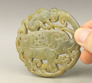 Old Chinese natural yellow jade hand - carved elephant and monkey pendant 5