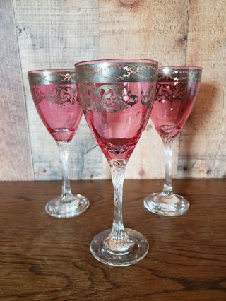 Antique Victorian Champagne Glasses Sterling Silver Pink Flute Clear Twist Stem