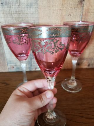 Antique Victorian Champagne Glasses Sterling Silver Pink Flute Clear Twist Stem 3