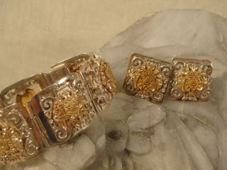18k Gold Sterling Bracelet Earrings Set Peru Figural Mask Artisan Ornate Signed