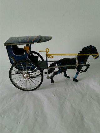 Vintage Philippines Tin Horse Buggy Toy With Plastic Horse