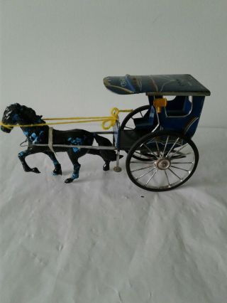 Vintage Philippines Tin Horse Buggy Toy With Plastic Horse 3