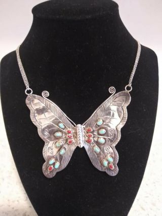 Vintage Large Butterfly Necklace Turquoise& Coral Sterling Marked 925 Cfj
