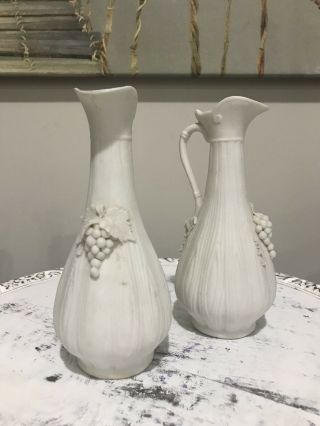 Set Of 2 Antique 7 " H Parian Ware Pottery Vase Pitcher Ewer Grapes