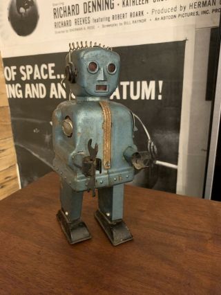 Vtg.  Battery Operated Zoomer Tin Robot - Blue Version Nomura Circa 1950s Japan