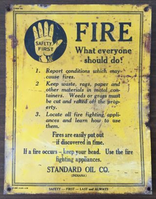 Standard Oil Safety First Fire Vintage Sign,  Gasoline Service Station