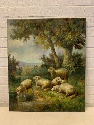 Vintage Oil On Canvas Painting Of Sheep In A Landscape Pasture