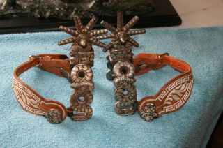 Vintage double mounted MexicanVaquero spurs with Piteado Charro Leather 2
