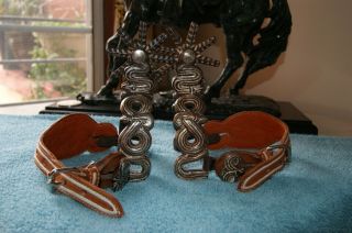 Vintage double mounted MexicanVaquero spurs with Piteado Charro Leather 4