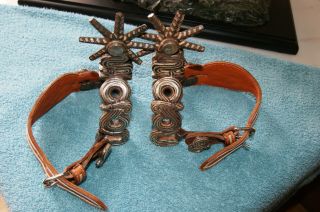 Vintage double mounted MexicanVaquero spurs with Piteado Charro Leather 5