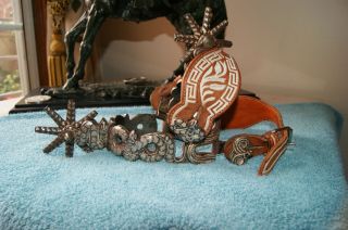 Vintage double mounted MexicanVaquero spurs with Piteado Charro Leather 6