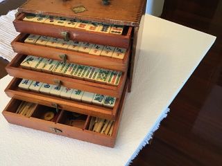 Antique vintage Mah Jong set,  bamboo bone tiles,  wooden case, 3