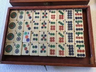 Antique vintage Mah Jong set,  bamboo bone tiles,  wooden case, 6