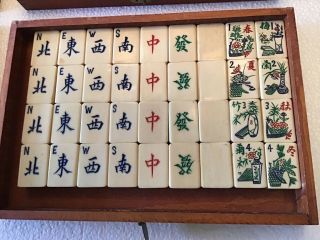 Antique vintage Mah Jong set,  bamboo bone tiles,  wooden case, 8
