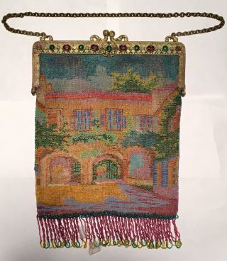 Antique House Villa Scenic Purse - Tiny Beads Heavy Purple Green Stone Frame