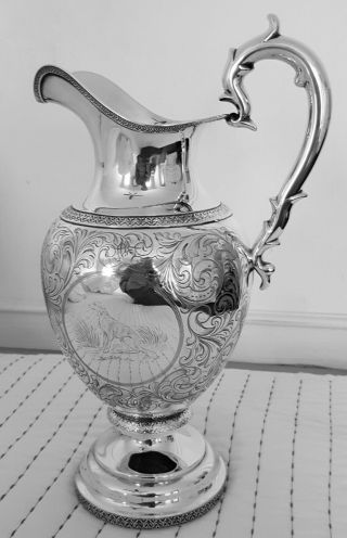 Coin Silver Water Pitcher By Ball,  Tompkins & Black - Deer & Hunting Dog Motif