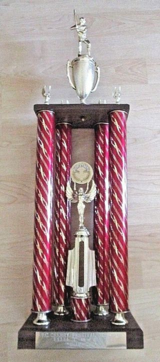 Vintage 33 " Red & Gold Tone Plastic 4 Pillars Solid Wood Base Baseball Trophy