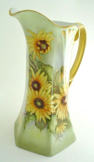 Vtg.  Fine Porcelain Pitcher Or Ewer Hand Painted Sunflowers Signed Mary Lea 1977