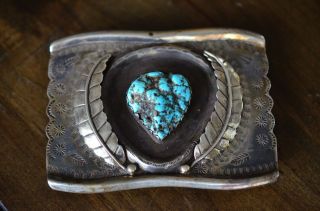 Vintage Navajo Sterling Silver & Turquoise Belt Buckle,  3.  5 " X 2.  5 "