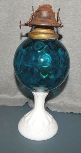 Blue Thumbprint Oil Lamp Milk Glass Base P&a Mfg Waterbury Conn Antique