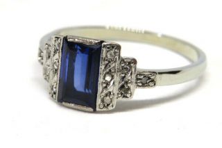 18ct White Gold Art Deco Sapphire & Diamond Ring Size T Vintage 1930s