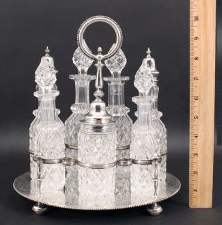 Rare 1869 Antique English Sterling Silver,  Cut Glass 7 Piece Cruet Condiment Set