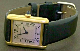 Cartier Paris vintage 18K gold mechanical men ' s watch w/ Blue sapphire crown 3