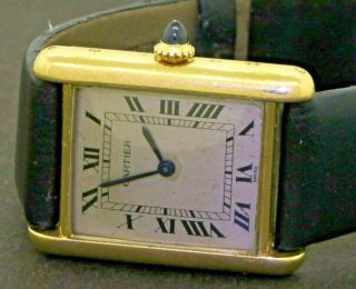 Cartier Paris vintage 18K gold mechanical men ' s watch w/ Blue sapphire crown 4