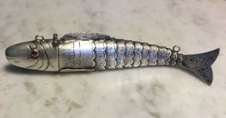Antique Dutch Silver Articulated Fish W/corked Scent Spice Bottle Hallmarked