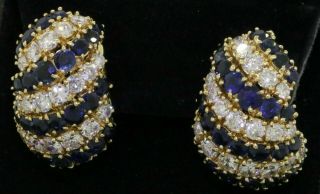 Heavy Vintage 18k Gold 13.  66ctw Vs1/g Diamond & Blue Sapphire Cluster Earrings