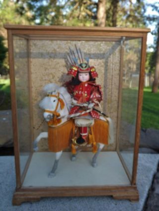 Vintage Large Japanese Samurai Warrior On Horseback Doll In Glass Case