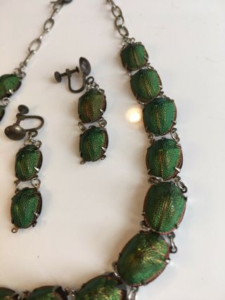 Victorian Egyptian Revival REAL Scarab Beetle Necklace and Earrings Silver Set 10