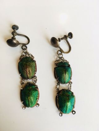 Victorian Egyptian Revival REAL Scarab Beetle Necklace and Earrings Silver Set 2