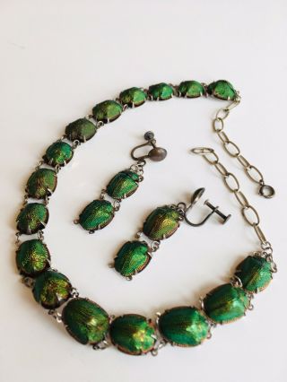 Victorian Egyptian Revival REAL Scarab Beetle Necklace and Earrings Silver Set 3