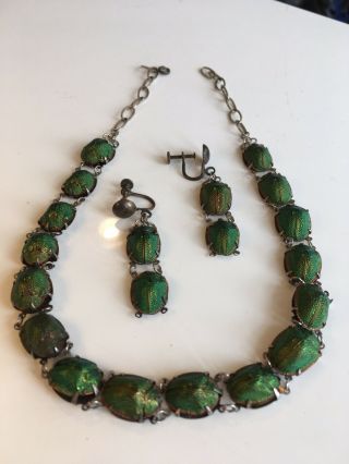 Victorian Egyptian Revival REAL Scarab Beetle Necklace and Earrings Silver Set 4
