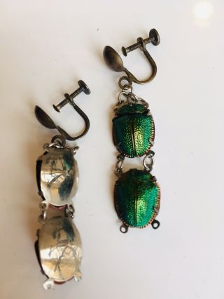 Victorian Egyptian Revival REAL Scarab Beetle Necklace and Earrings Silver Set 5
