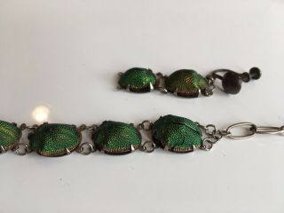 Victorian Egyptian Revival REAL Scarab Beetle Necklace and Earrings Silver Set 9