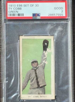 1910 E98 - Ty Cobb - Rare Green Card Detroit Tigers Hof Psa 2.  Back.