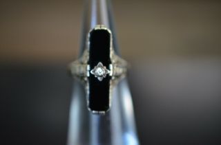 14K SOLID W.  GOLD Top Quality Antique Art Deco Onyx & Diamond Filigree Ring Sz 8 2