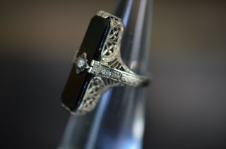 14K SOLID W.  GOLD Top Quality Antique Art Deco Onyx & Diamond Filigree Ring Sz 8 4