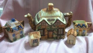 Antique Cabin Ware Large Tea Pot,  Cream &sugar And Salt & Pepper Set From Japan