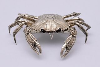 Solid Silver Crab.  Fully Articulated Figure.  Length: 15 Cm / 5.  91 Inch
